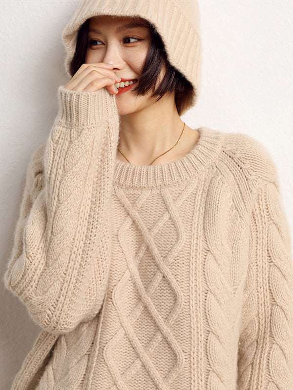 LanlyCashmere Women’s Cashmere Cable Knit Sweater – Oversized Crew Neck Pullover