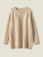 LanlyCashmere Damen Kaschmir Zopfmuster Pullover – Oversized Rundhals-Pullover