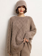 LanlyCashmere Damen Kaschmir Zopfmuster Pullover – Oversized Rundhals-Pullover