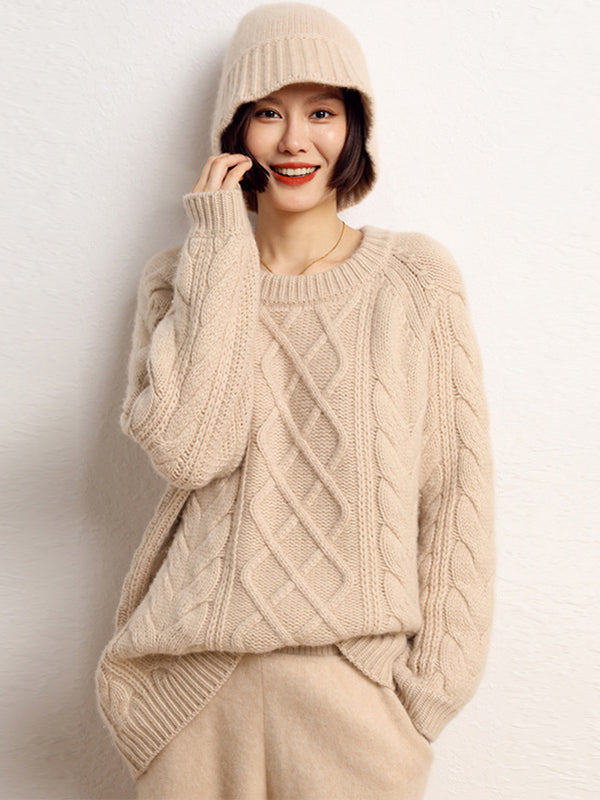 LanlyCashmere Damen Kaschmir Zopfmuster Pullover – Oversized Rundhals-Pullover