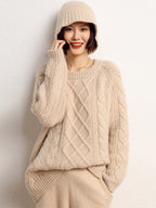 LanlyCashmere Damen Kaschmir Zopfmuster Pullover – Oversized Rundhals-Pullover