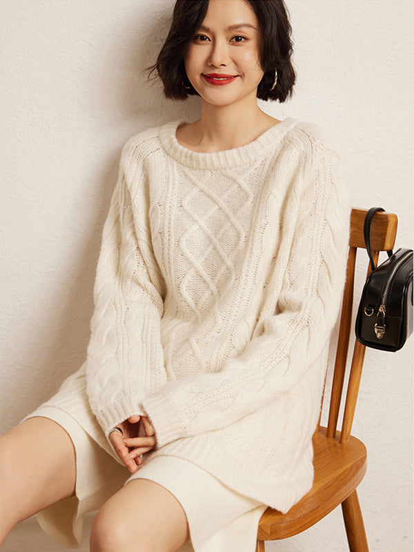 Pull torsadé en cachemire pour femme LanlyCashmere – Col rond oversize
