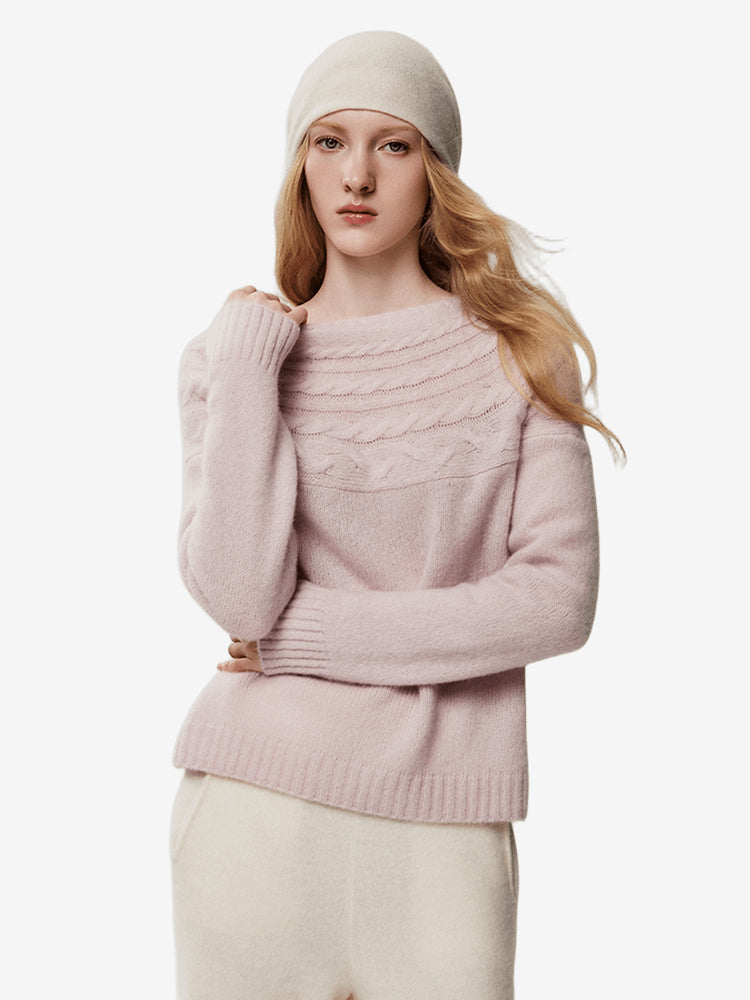 LANLY Bateau Neck Cashmere Pullover Factory: Custom Fuzzy Textured Boat Neck Knitwear Supplier with Mongolian Fleece