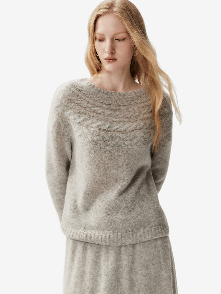 LANLY Bateau Neck Cashmere Pullover Factory: Custom Fuzzy Textured Boat Neck Knitwear Supplier with Mongolian Fleece