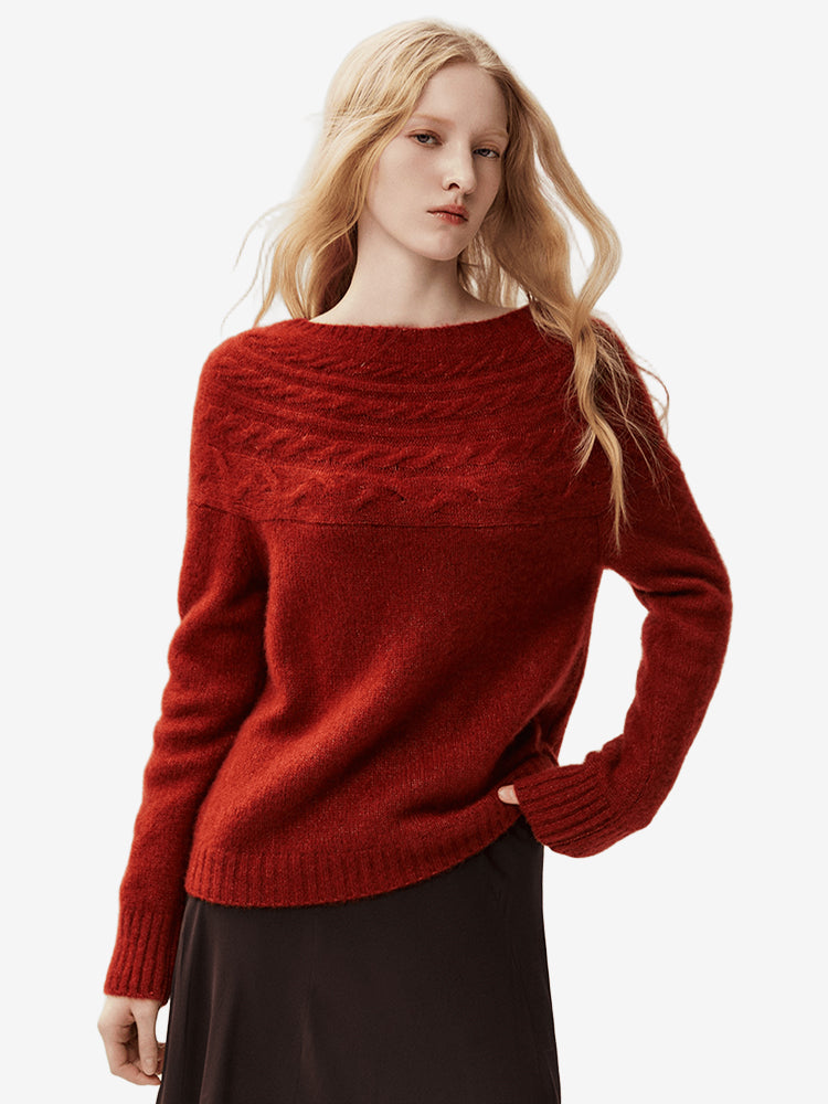 LANLY Bateau Neck Cashmere Pullover Factory: Custom Fuzzy Textured Boat Neck Knitwear Supplier with Mongolian Fleece