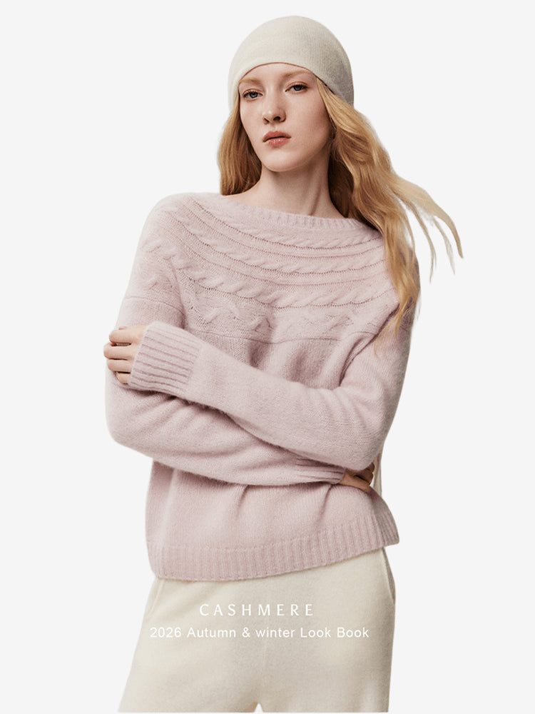 LANLY Bateau Neck Cashmere Pullover Factory: Custom Fuzzy Textured Boat Neck Knitwear Supplier with Mongolian Fleece