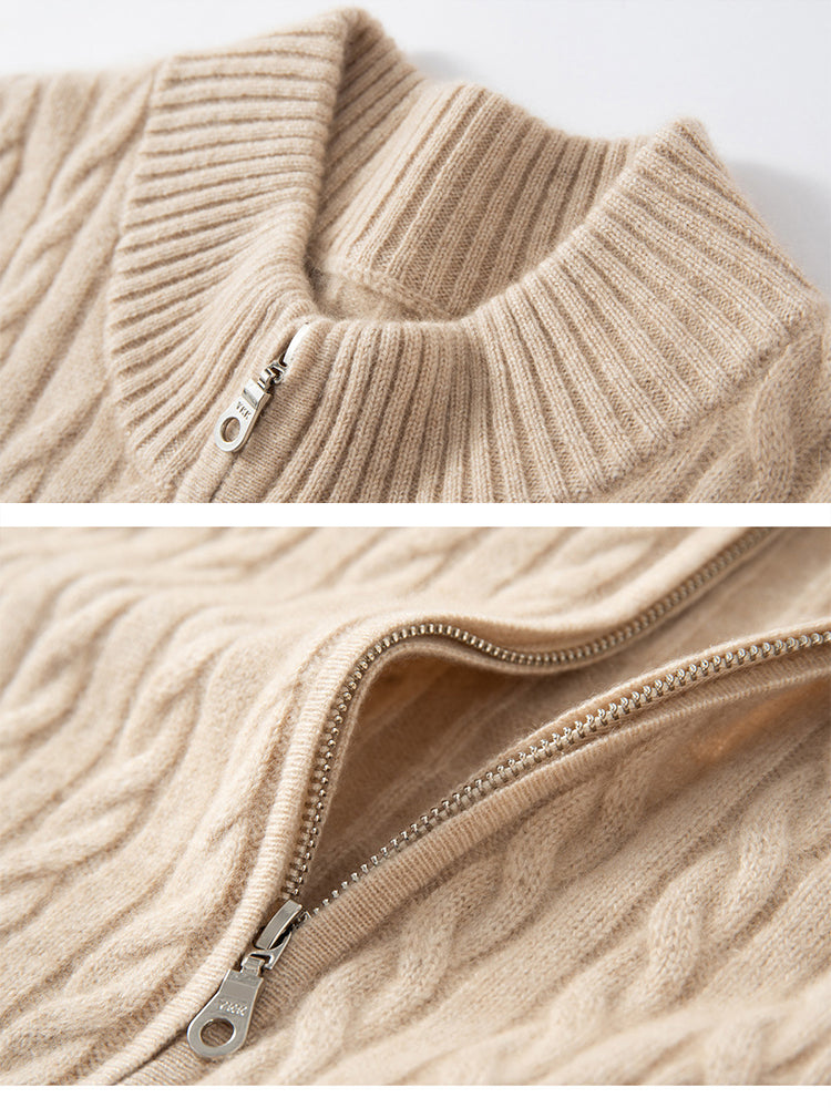 Lanly Cashmere Men's Full-Zip Sweater - Cable Knit Cardigan