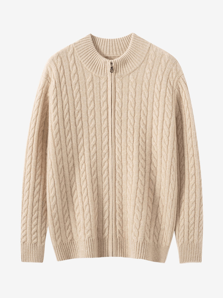 Lanly Cashmere Men's Full-Zip Sweater - Cable Knit Cardigan