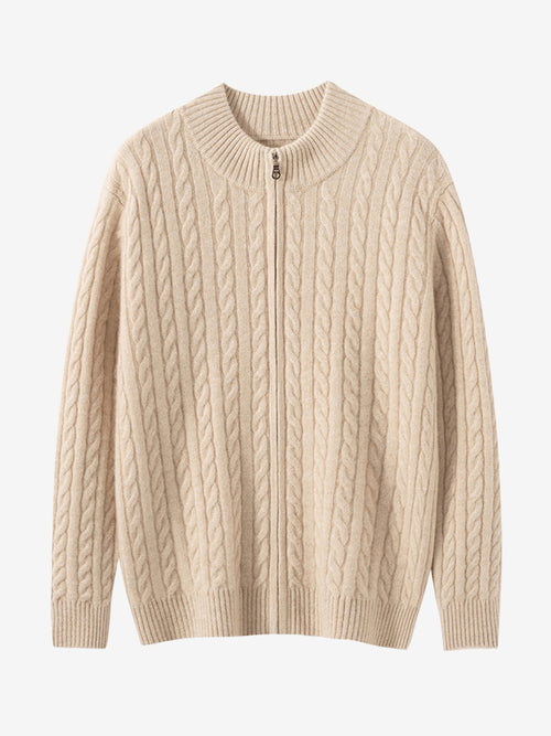 Lanly Cashmere Men's Full-Zip Sweater - Cable Knit Cardigan