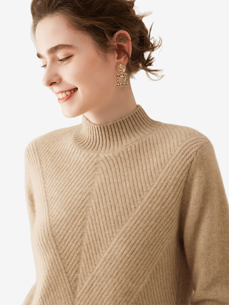LanlyCashmere Women's Wool Cashmere Blend Mock Neck Sweater – Diagonal Rib Knit Pullover