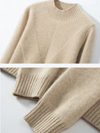 LanlyCashmere Women's Wool Cashmere Blend Mock Neck Sweater – Diagonal Rib Knit Pullover