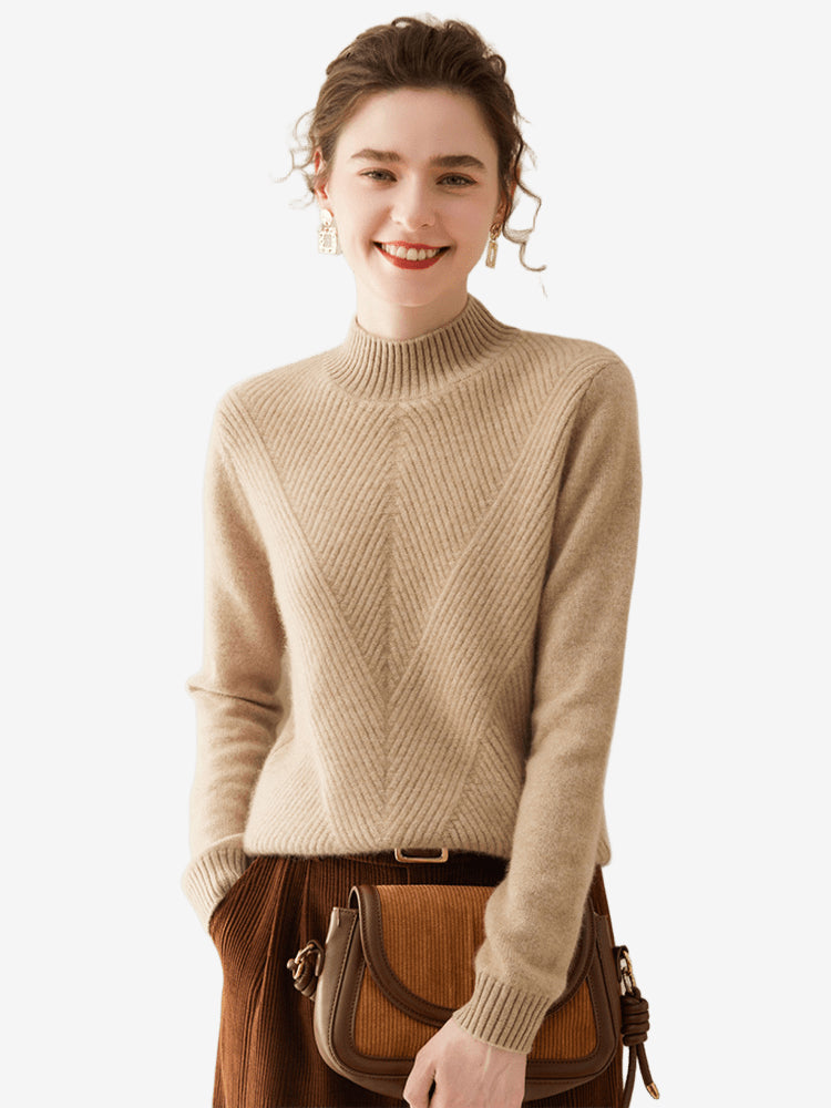LanlyCashmere Women's Wool Cashmere Blend Mock Neck Sweater – Diagonal Rib Knit Pullover