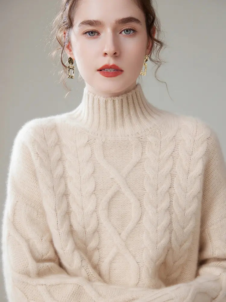 LANLY - Women's Cable Knit Cashmere Sweater Heavyweight Mongolian Mock Neck Pullover
