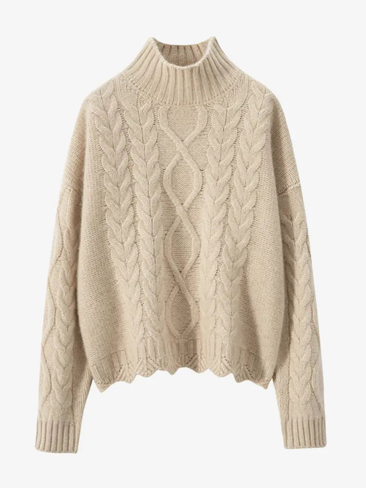 LANLY - Women's Cable Knit Cashmere Sweater Heavyweight Mongolian Mock Neck Pullover