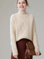 LANLY - Women's Cable Knit Cashmere Sweater Heavyweight Mongolian Mock Neck Pullover