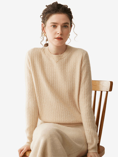 LANLY - Women's Cable Knit Sweater Soft Cashmere Wool Crewneck Top
