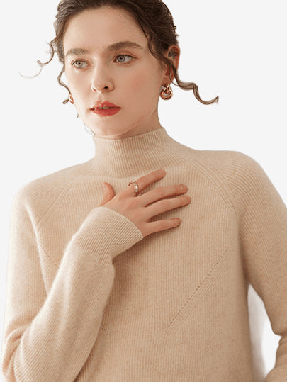LANLY - Women's Mock Neck Cashmere Sweater Mongolian Cashmere Ribbed Pullover