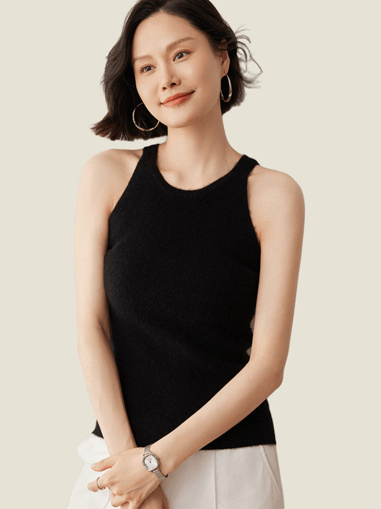 LanlyCashmere Women’s Cashmere Crop Top – Ribbed Knit Sleeveless Fitted Tank