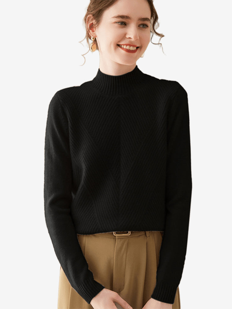 LanlyCashmere Women's Wool Cashmere Blend Mock Neck Sweater – Diagonal Rib Knit Pullover