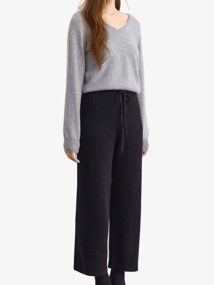 LANLY - Women's Cashmere Pants Mongolian Full Needle Rib Knit Wide Leg Pants
