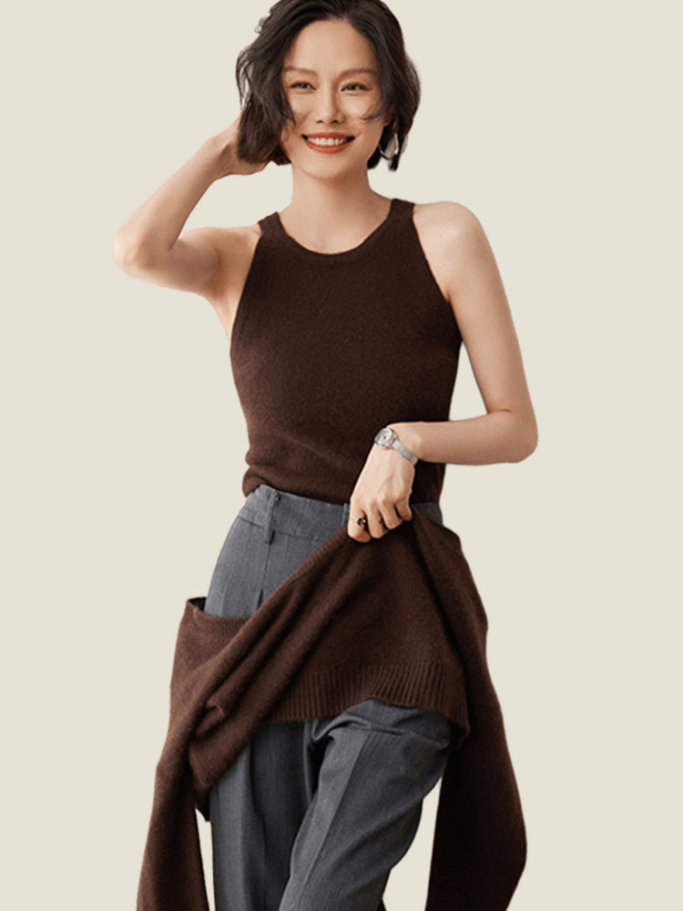 LanlyCashmere Women’s Cashmere Crop Top – Ribbed Knit Sleeveless Fitted Tank