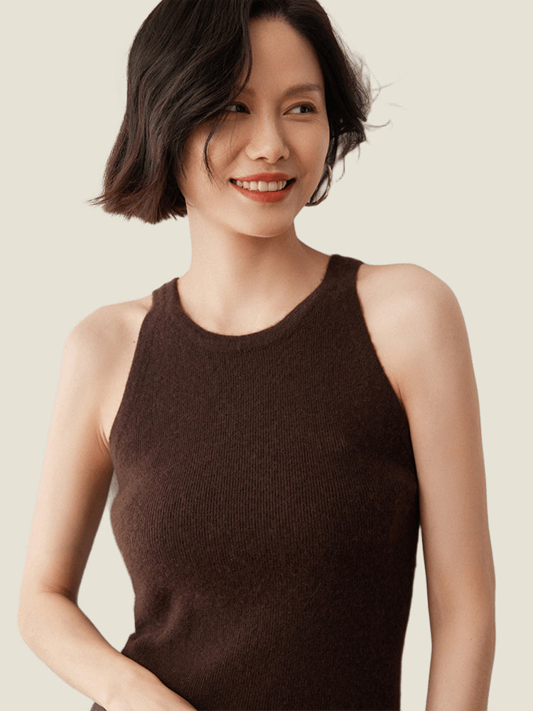 LanlyCashmere Women’s Cashmere Crop Top – Ribbed Knit Sleeveless Fitted Tank