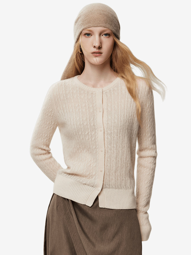 LANLY Cable Knit Cashmere Cardigan Women - Soft Non-Itchy Inner Mongolia Cashmere Fitted Crewneck Button Down Sweater