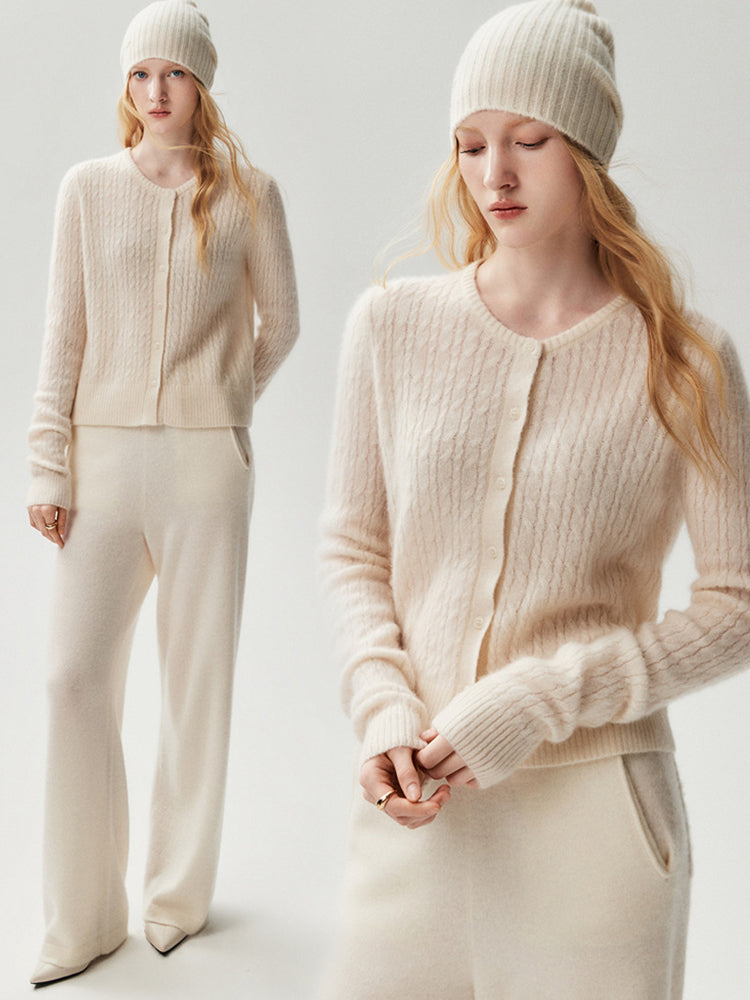 LANLY Cable Knit Cashmere Cardigan Women - Soft Non-Itchy Inner Mongolia Cashmere Fitted Crewneck Button Down Sweater
