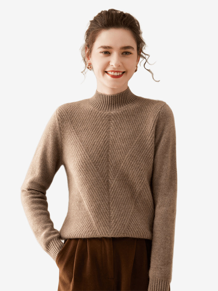 LanlyCashmere Women's Wool Cashmere Blend Mock Neck Sweater – Diagonal Rib Knit Pullover