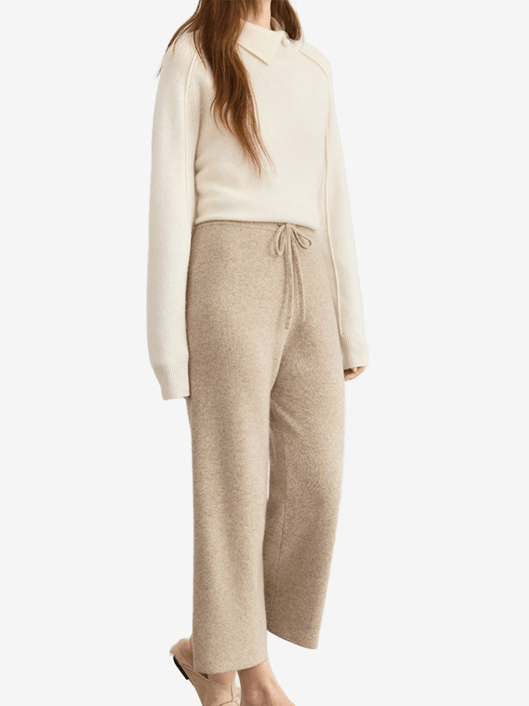 LANLY - Women's Cashmere Pants Mongolian Full Needle Rib Knit Wide Leg Pants