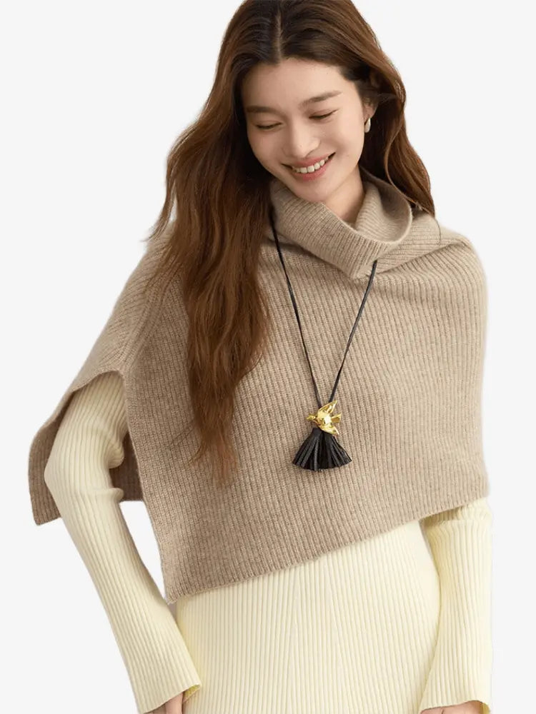 LANLY - Women's Cropped Cashmere Poncho Mongolian Cashmere Ribbed Shawl