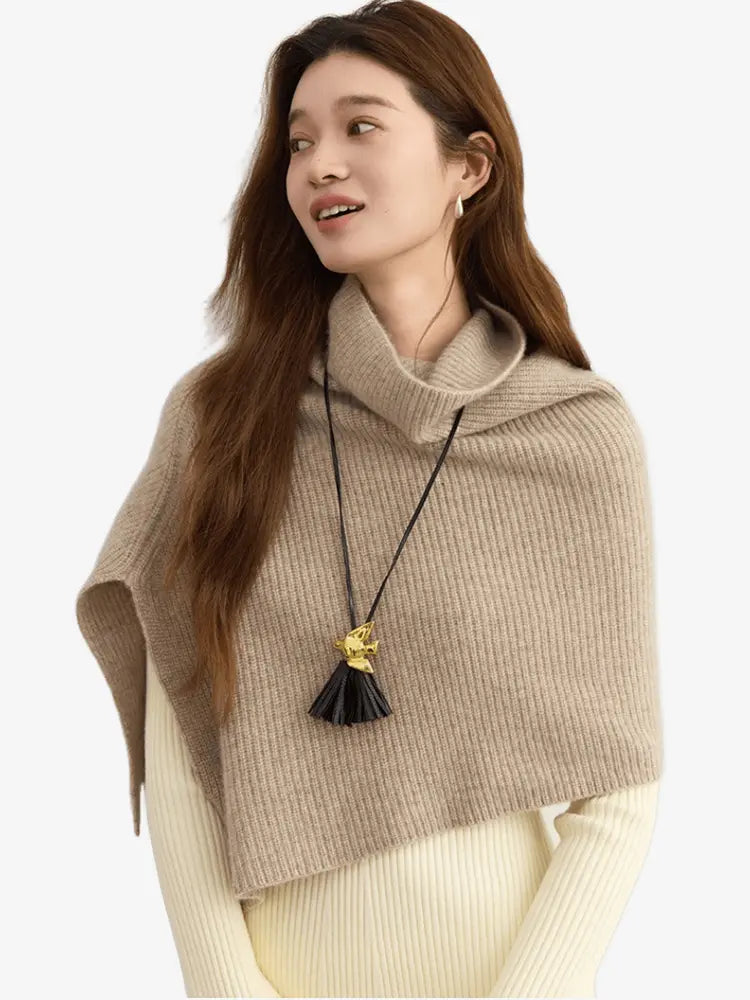 LANLY - Women's Cropped Cashmere Poncho Mongolian Cashmere Ribbed Shawl