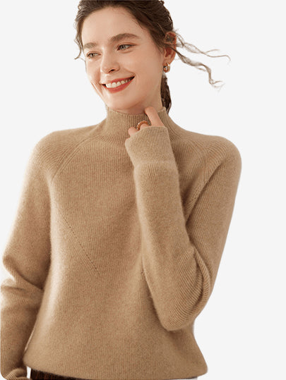 LANLY - Women's Mock Neck Cashmere Sweater Mongolian Cashmere Ribbed Pullover