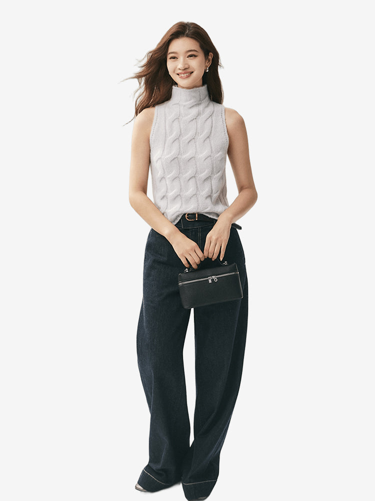 LANLY Wholesale Cashmere Blend Sleeveless Sweater - Premium Inner Mongolia Cable Knit Turtleneck Top