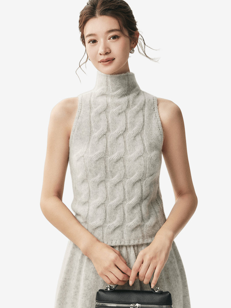 LANLY Wholesale Cashmere Blend Sleeveless Sweater - Premium Inner Mongolia Cable Knit Turtleneck Top