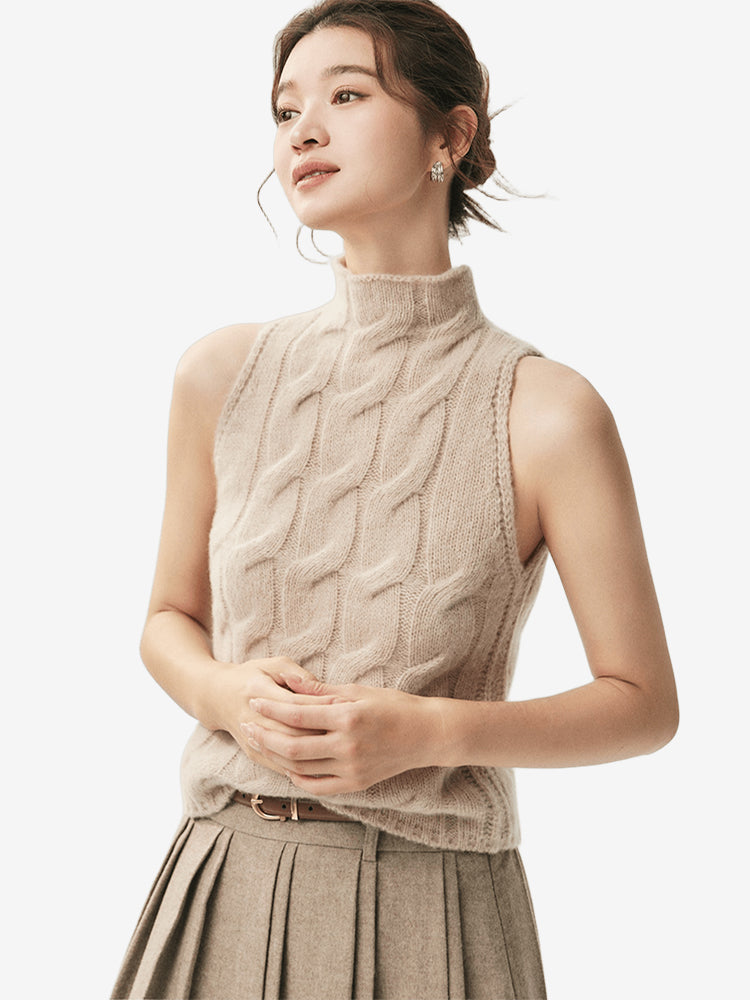 LANLY Wholesale Cashmere Blend Sleeveless Sweater - Premium Inner Mongolia Cable Knit Turtleneck Top