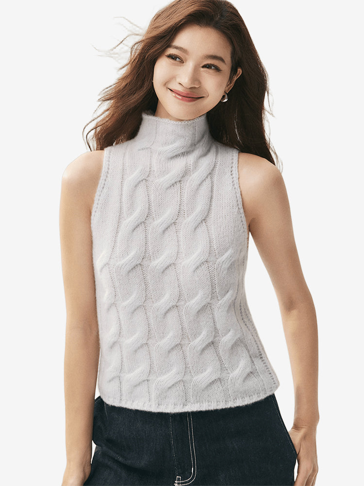 LANLY Wholesale Cashmere Blend Sleeveless Sweater - Premium Inner Mongolia Cable Knit Turtleneck Top