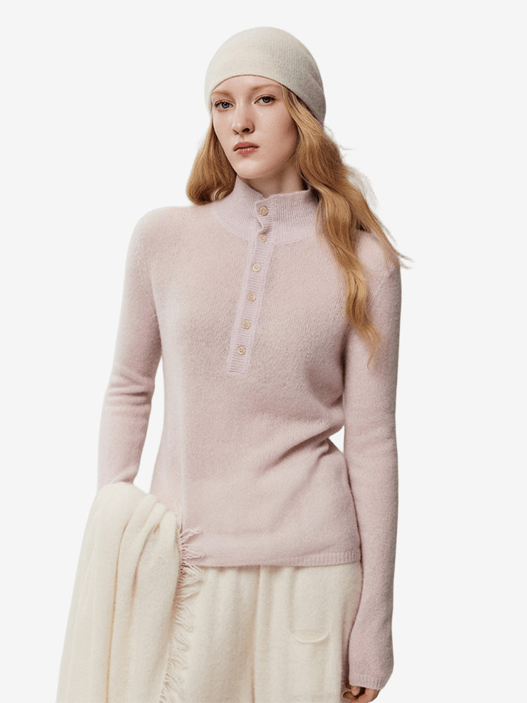 LANLY - Cashmere Henley Sweater Silk Mongolian Mock Neck Semi-Sheer Fitted Top