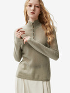 LANLY - Cashmere Henley Sweater Silk Mongolian Mock Neck Semi-Sheer Fitted Top