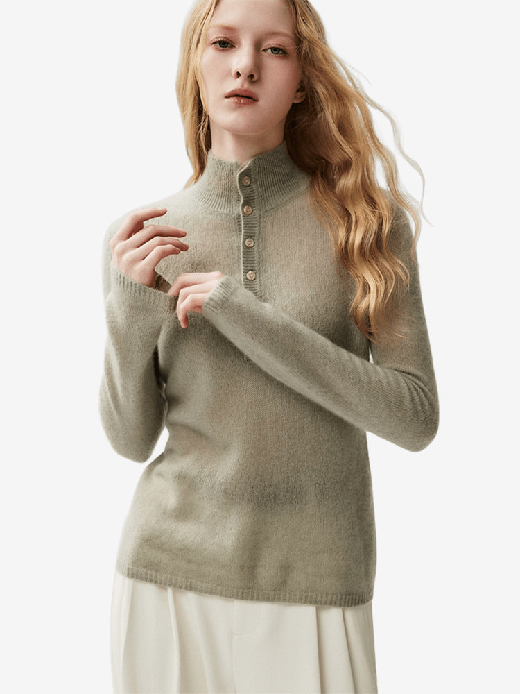 LANLY - Cashmere Henley Sweater Silk Mongolian Mock Neck Semi-Sheer Fitted Top