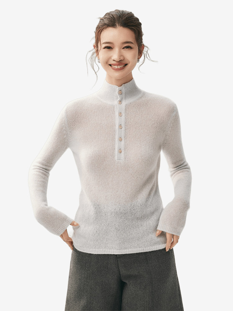 LANLY - Cashmere Henley Sweater Silk Mongolian Mock Neck Semi-Sheer Fitted Top
