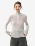 LANLY - Cashmere Henley Sweater Silk Mongolian Mock Neck Semi-Sheer Fitted Top