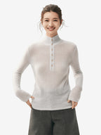 LANLY - Cashmere Henley Sweater Silk Mongolian Mock Neck Semi-Sheer Fitted Top
