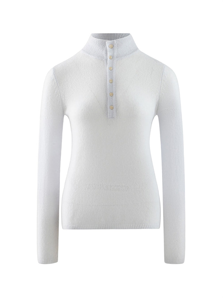 LANLY - Cashmere Henley Sweater Silk Mongolian Mock Neck Semi-Sheer Fitted Top