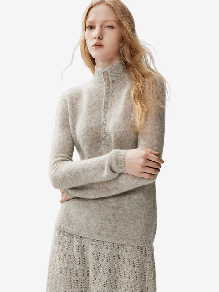 LANLY - Cashmere Henley Sweater Silk Mongolian Mock Neck Semi-Sheer Fitted Top