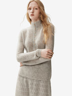 LANLY - Cashmere Henley Sweater Silk Mongolian Mock Neck Semi-Sheer Fitted Top