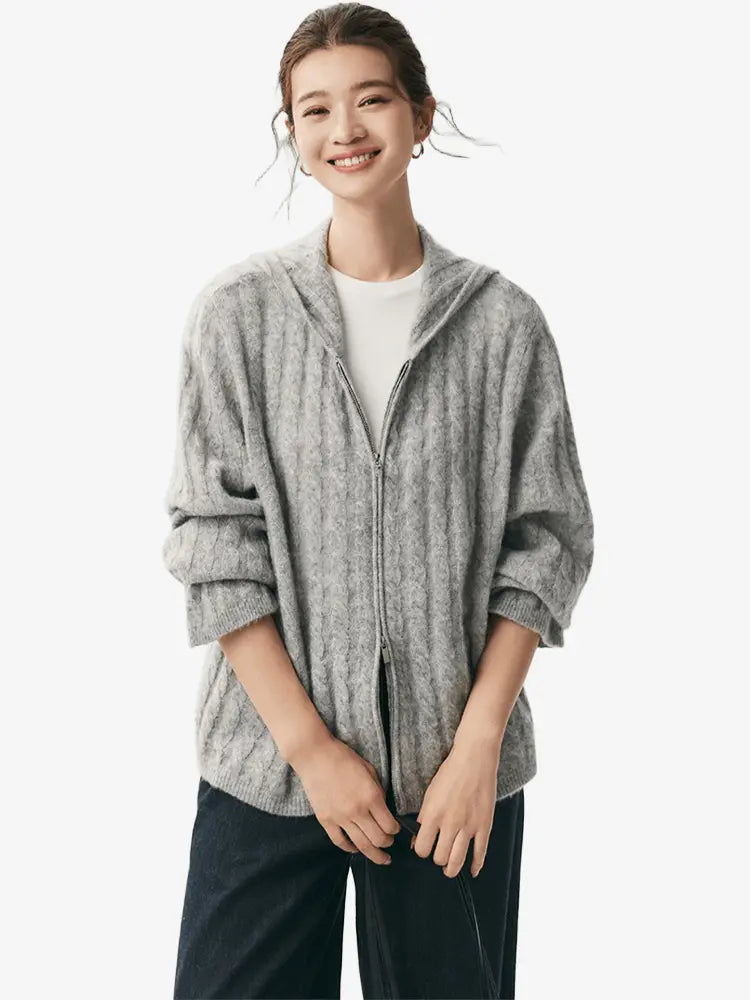 LANLY - Cashmere Hooded Zip Sweater Silk Mongolian Cable Knit Full-Zip Cardigan