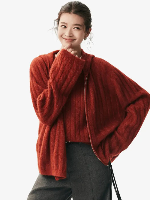LANLY - Cashmere Hooded Zip Sweater Silk Mongolian Cable Knit Full-Zip Cardigan