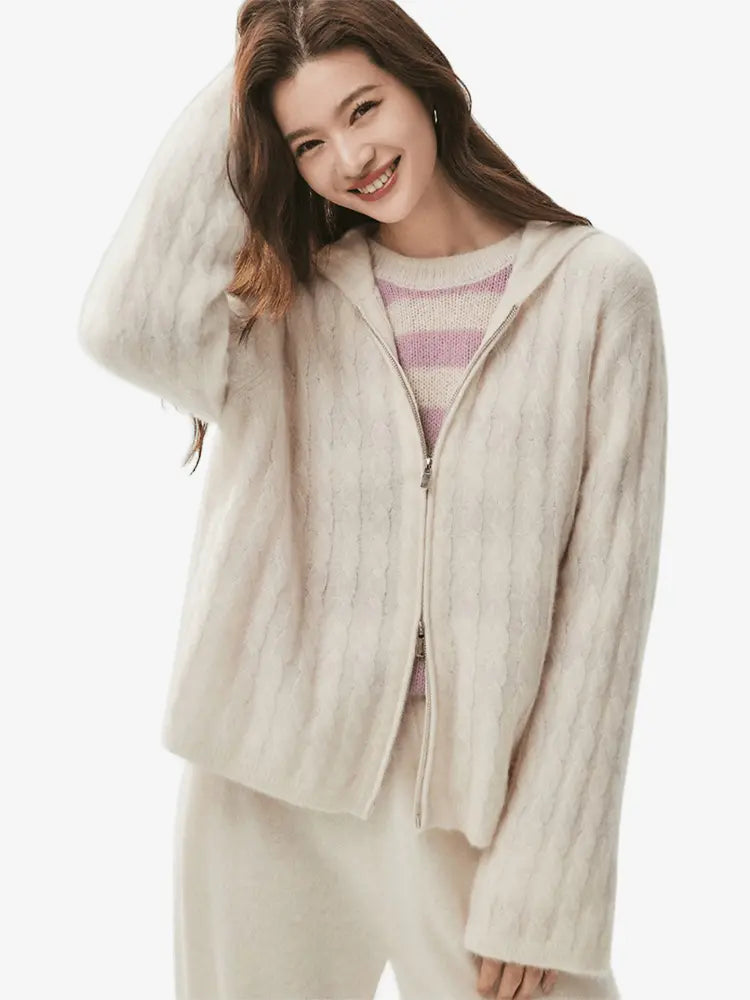 LANLY - Cashmere Hooded Zip Sweater Silk Mongolian Cable Knit Full-Zip Cardigan