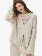 LANLY - Cashmere Hooded Zip Sweater Silk Mongolian Cable Knit Full-Zip Cardigan